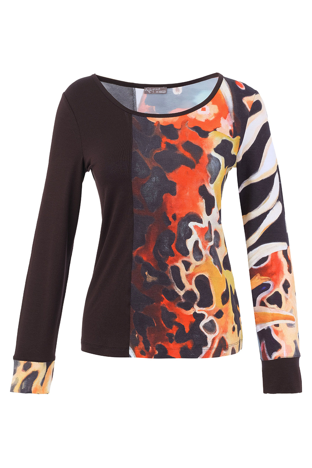 A women's long-sleeve top with a color-blocked design, featuring a solid dark brown left side and sleeve, and a right side with a bold abstract print in orange, black, white, and yellow.