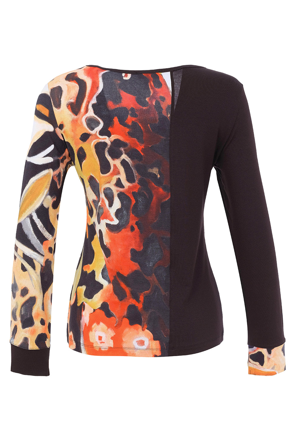 A women's long-sleeve top with a split design: one half is solid black, and the other half features an abstract leopard print pattern in orange, black, beige, and white. The top is shown from the back against a plain white background.