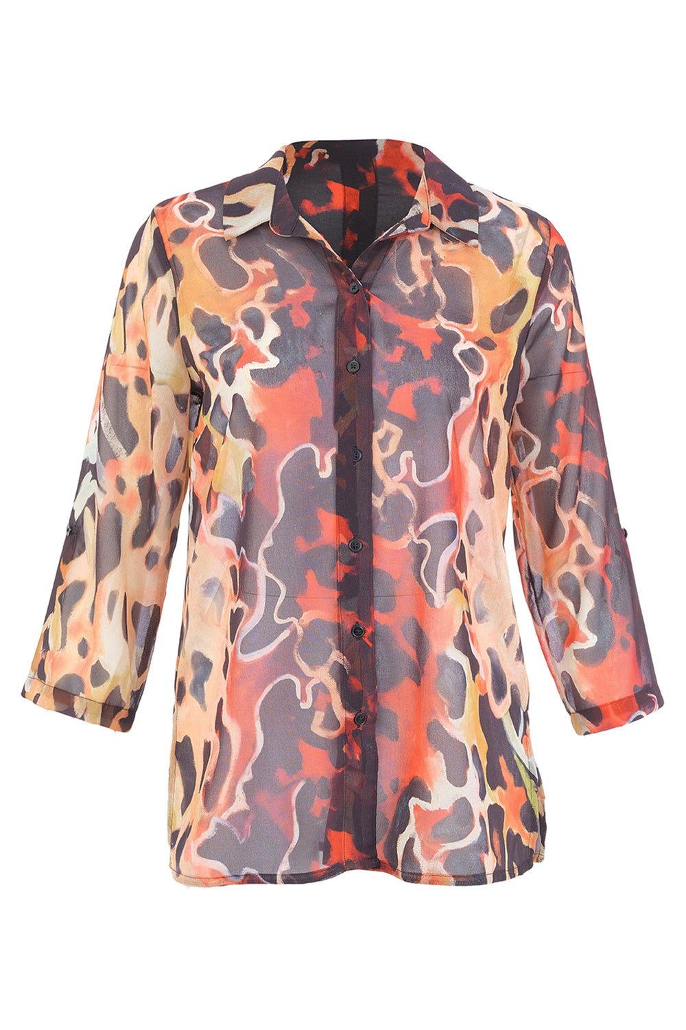 A long-sleeve button-up blouse with a vibrant abstract camouflage pattern in orange, red, yellow, and black, displayed on a clean white background.