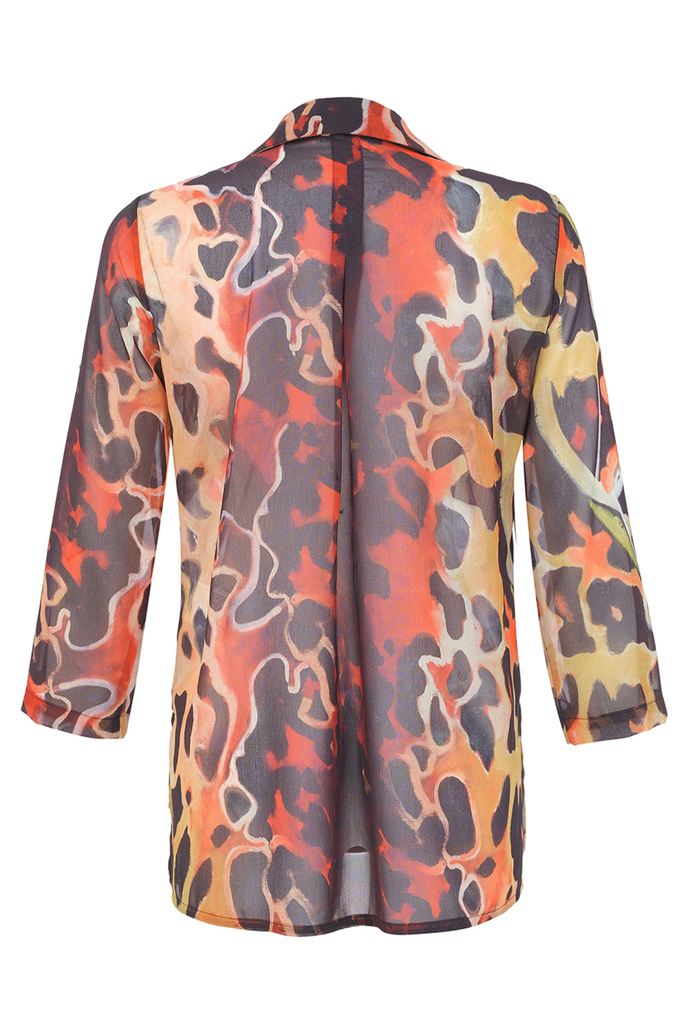 A sheer long-sleeve blouse with a bold abstract camouflage pattern in orange, red, yellow, and dark gray, shown from the back on a white background.