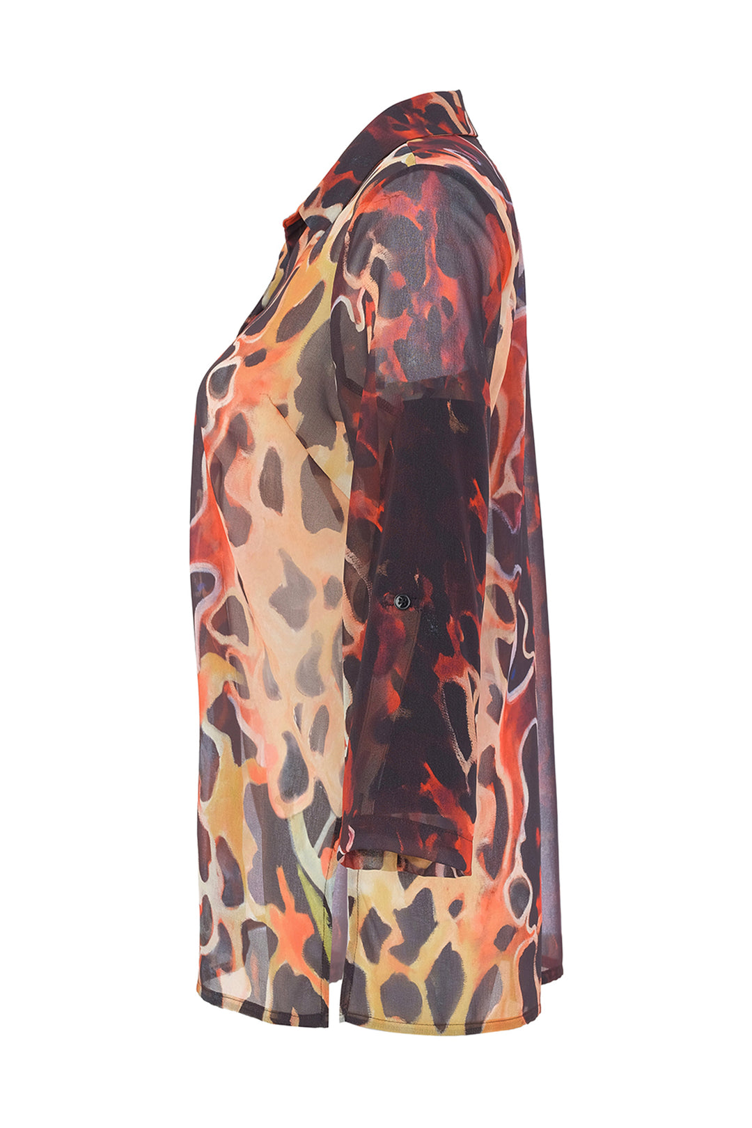 A long-sleeve collared blouse with an abstract, painterly animal-inspired print in orange, red, black, and beige, shown from a side profile view on a white background.