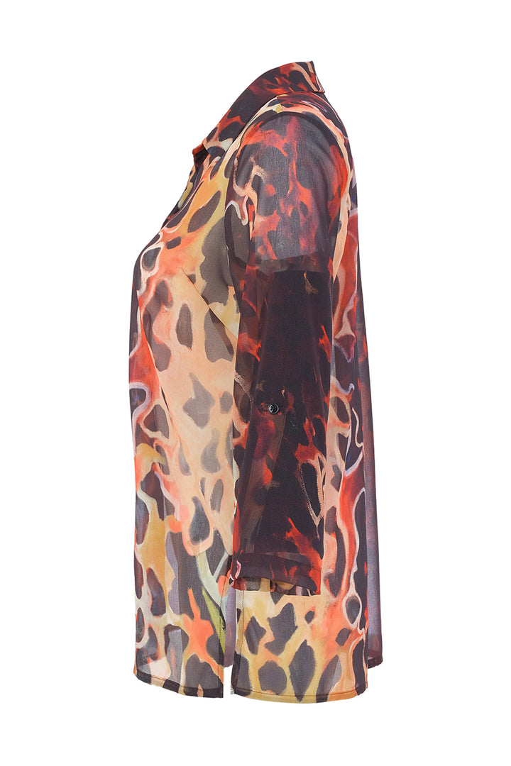A long-sleeve collared blouse with an abstract, painterly animal-inspired print in orange, red, black, and beige, shown from a side profile view on a white background.