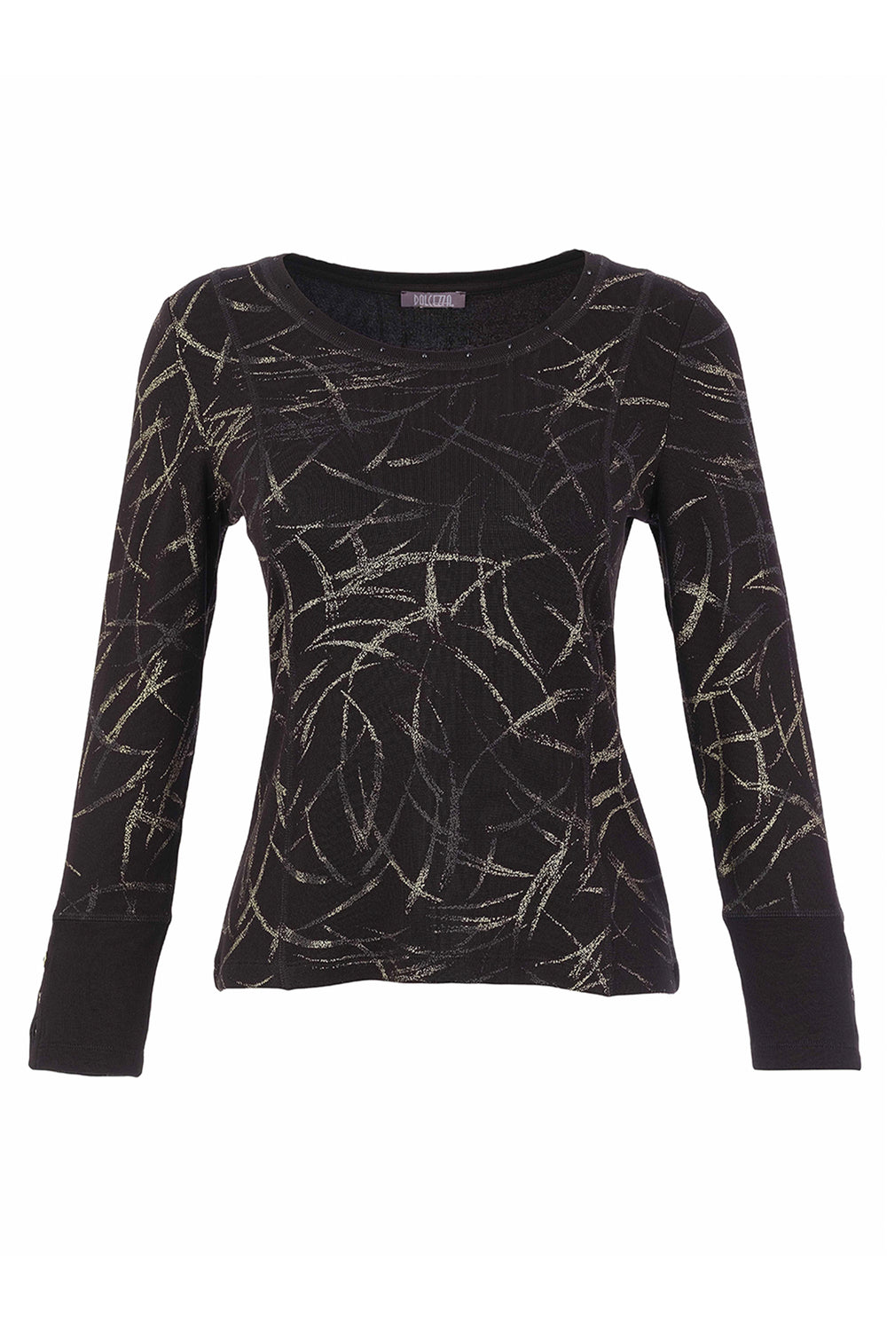 A woman's black patterned top is shown on a white background.