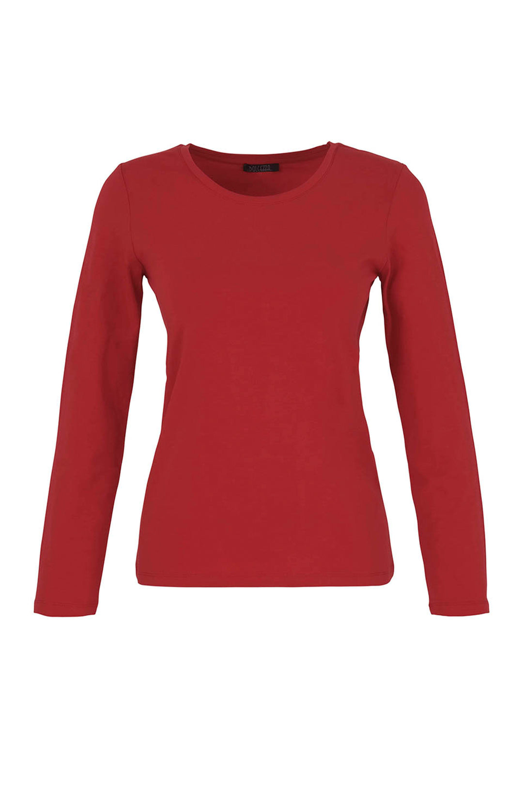 A women's red long sleeve t-shirt shown against a white background. 