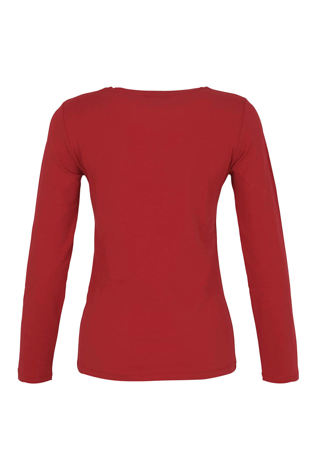 A women's red long sleeve t-shirt shown against a white background. 