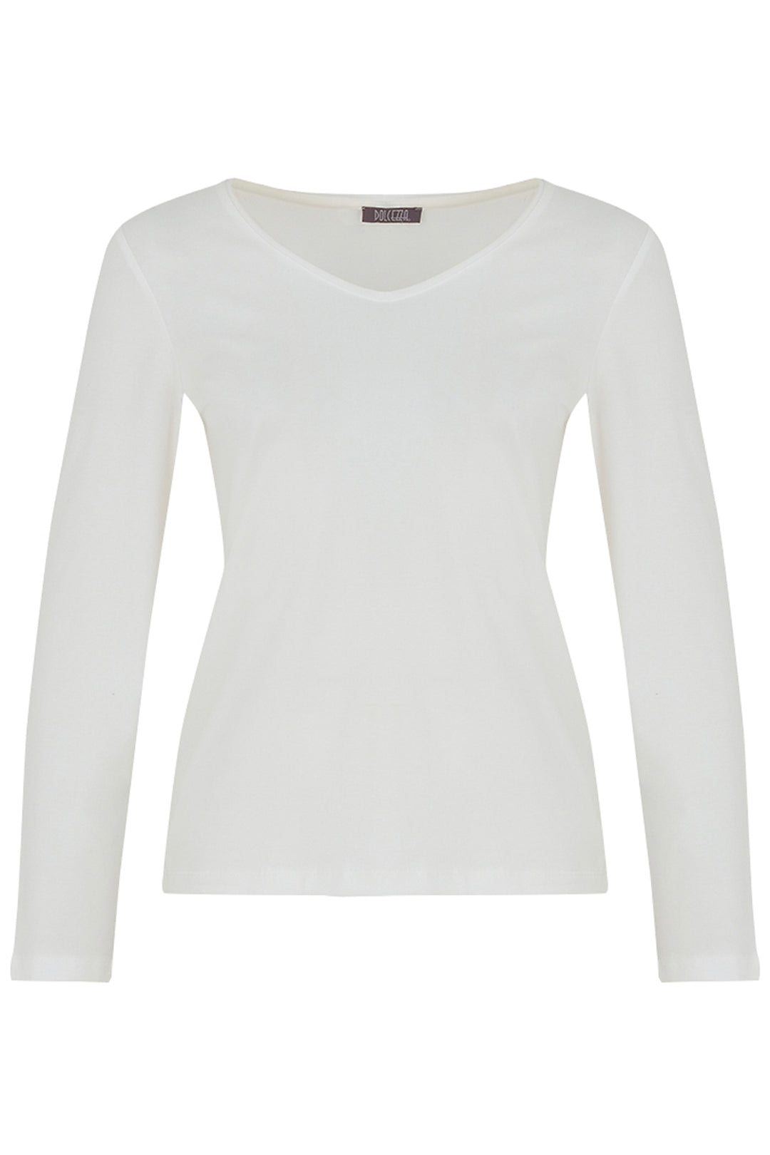 A women's off-white long sleeve t-shirt shown against a white background. 