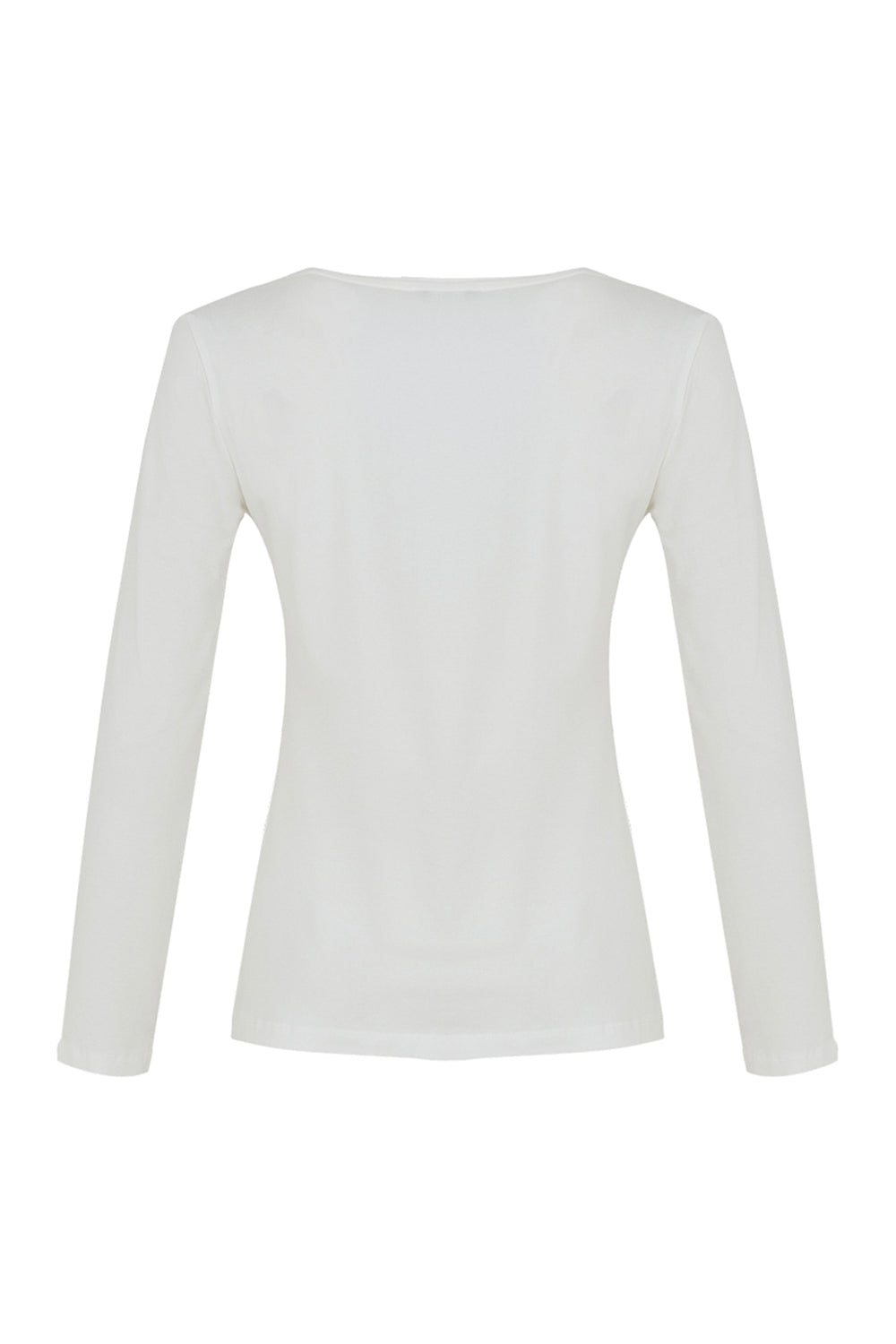 A women's off-white long sleeve t-shirt shown against a white background. 