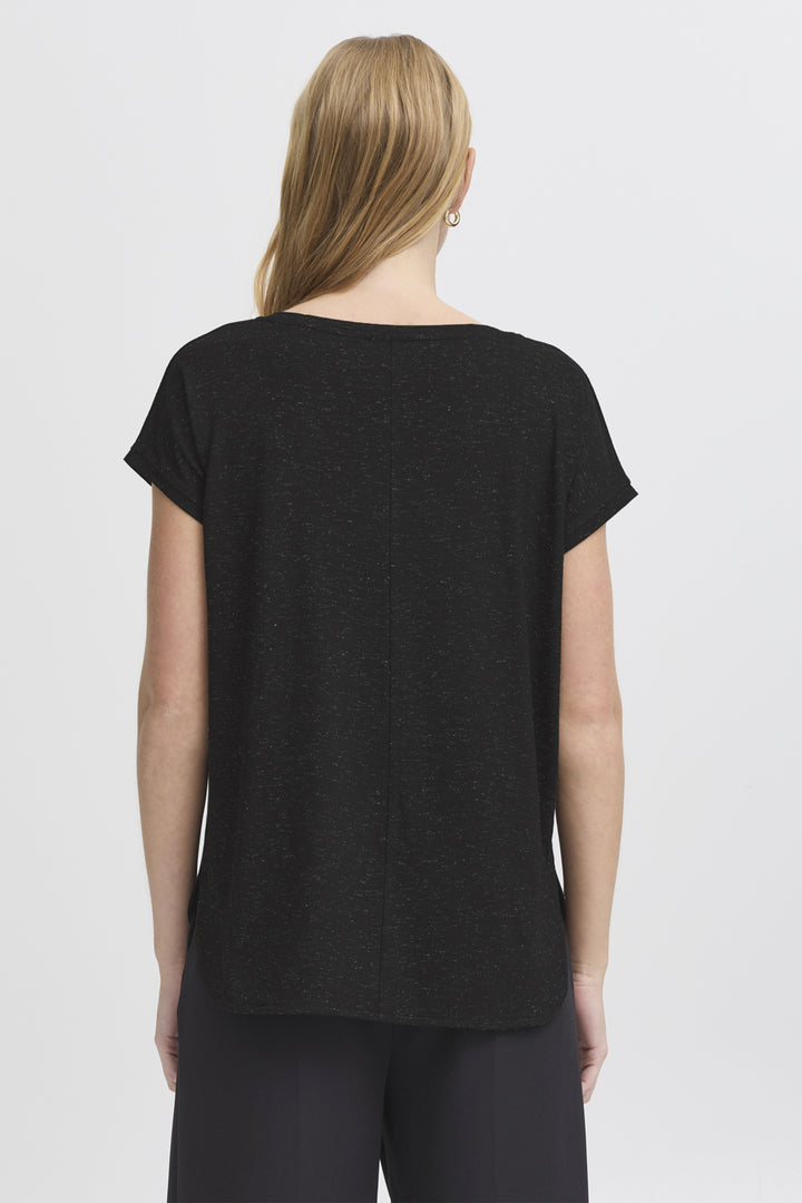 Woman wearing a black t-shirt on a white background