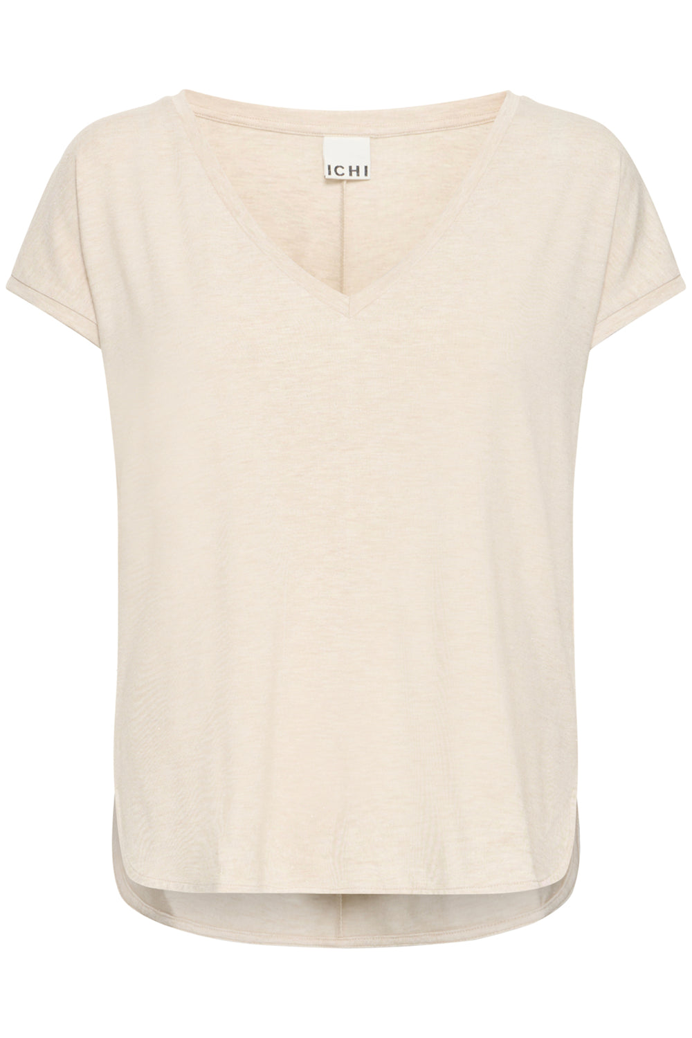 Beige t-shirt with a brand label on a white background