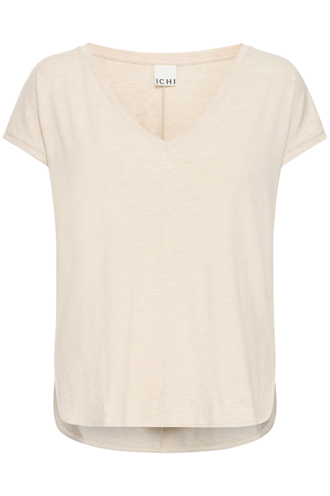 Beige t-shirt with a brand label on a white background