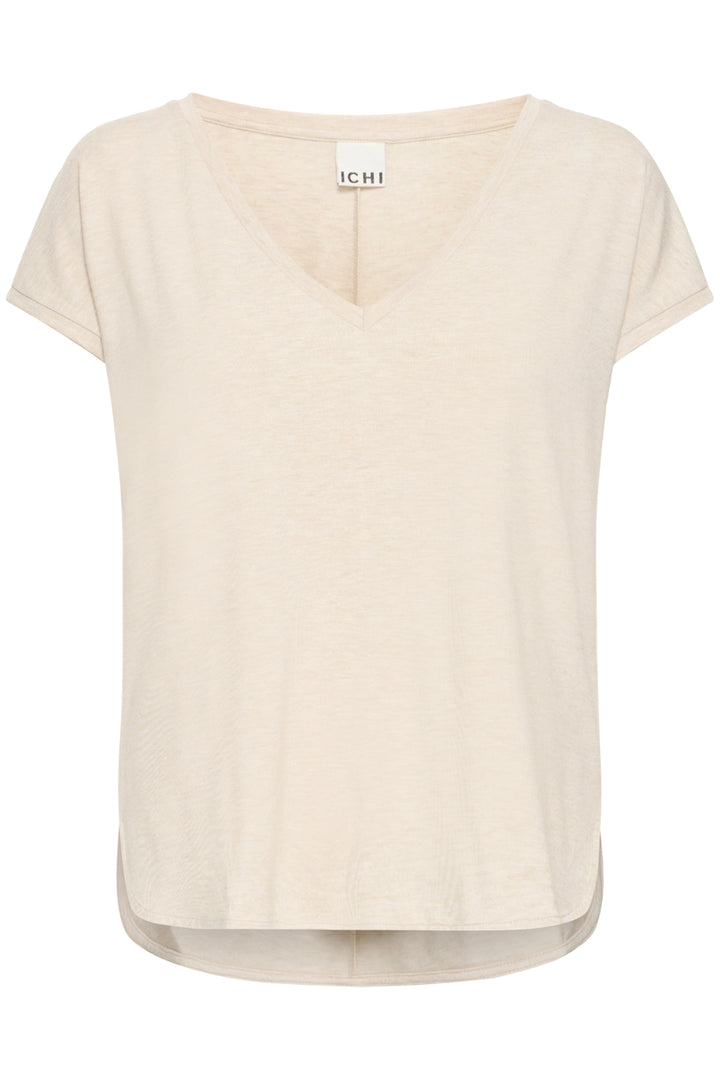 Beige t-shirt with a brand label on a white background