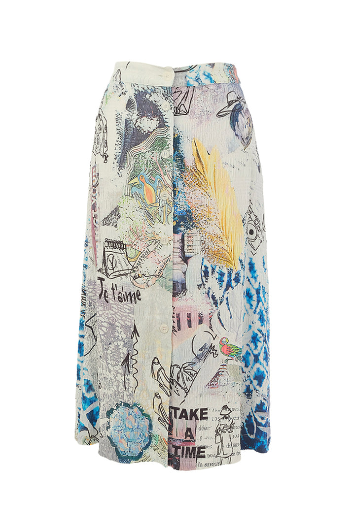 Pull-on skirt with a colorful abstract pattern on a white background