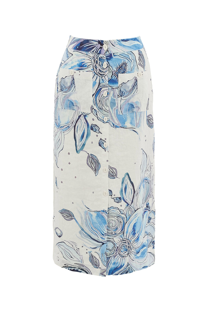 BLUE FLOWERS LINEN BUTTON FRONT SKIRT