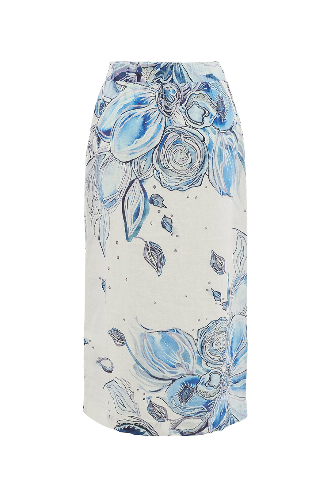 BLUE FLOWERS LINEN BUTTON FRONT SKIRT