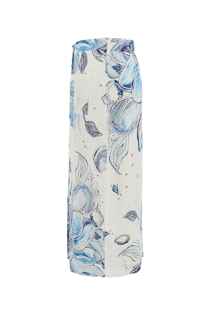 BLUE FLOWERS LINEN BUTTON FRONT SKIRT