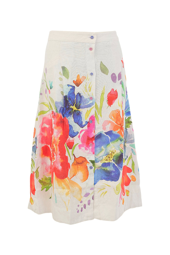 Skirt with colorful floral pattern on a white background