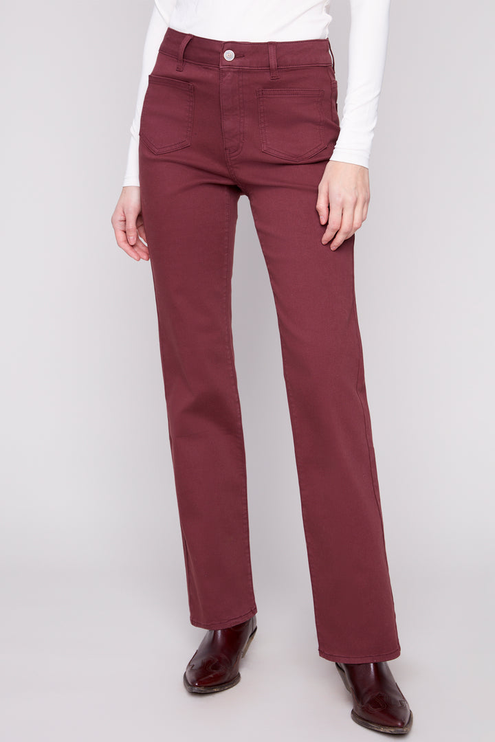 Charlie B Fall 2025 
The modern flare hem design adds a stylish twist to the classic twill pant. With a regular rise and front patch pockets, these jeans are both functional and trendy.