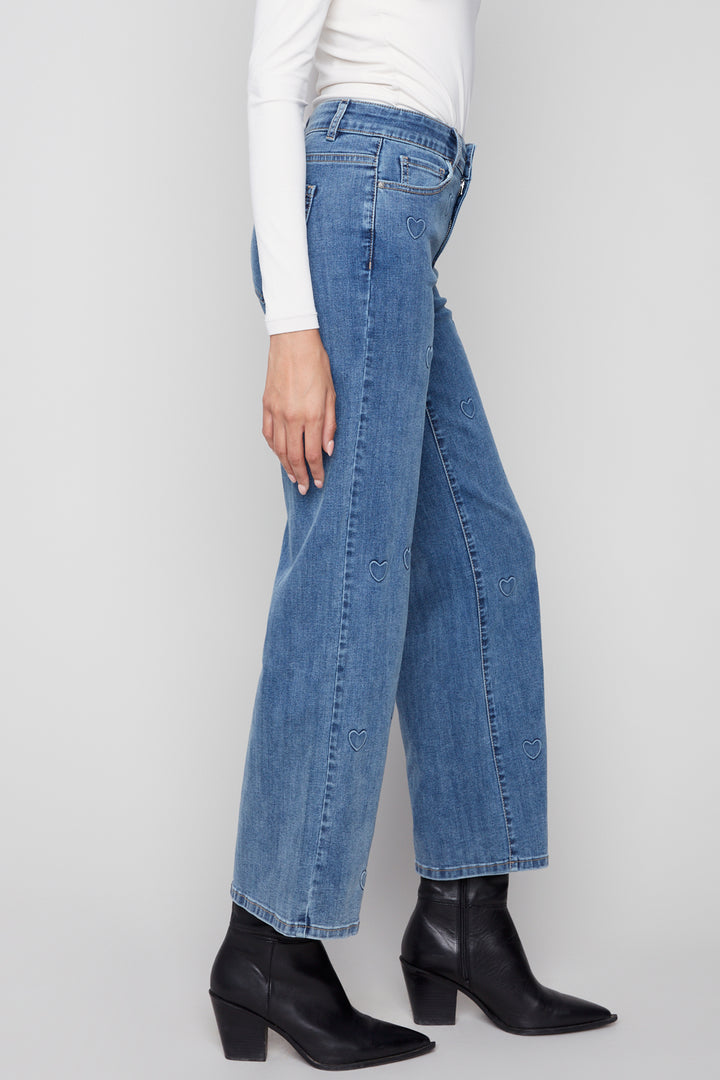 DENIM HEARTS WIDE LEG EMBROIDERED JEAN