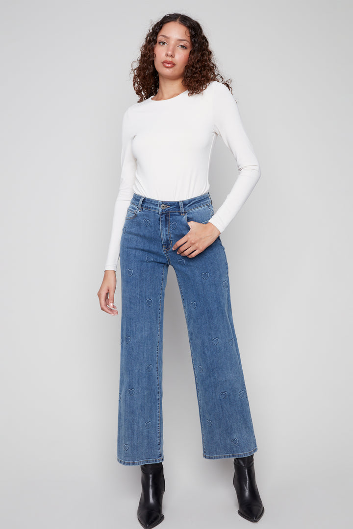 DENIM HEARTS WIDE LEG EMBROIDERED JEAN