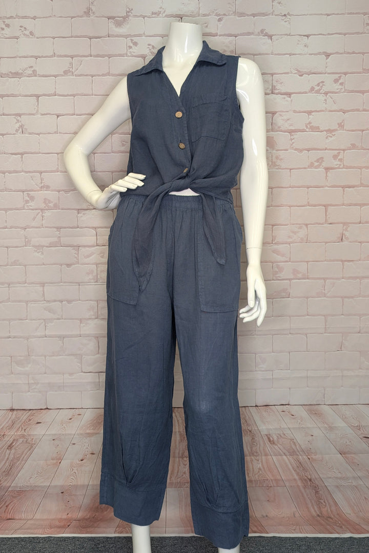 LINEN CROP PANT WITH TUCK HEM