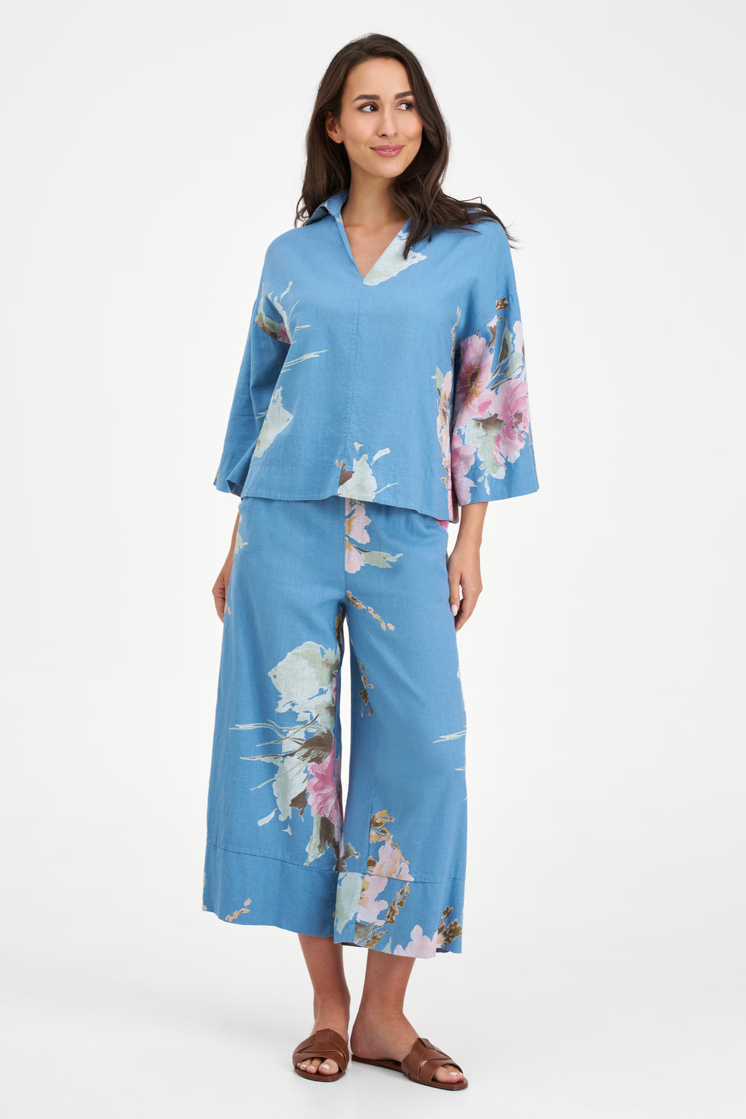 DENIM BLUE FLORAL CROP PANT