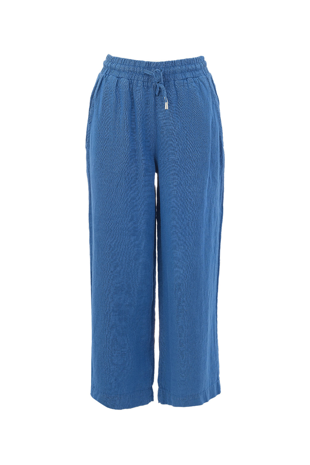 Blue linen pants on a white background