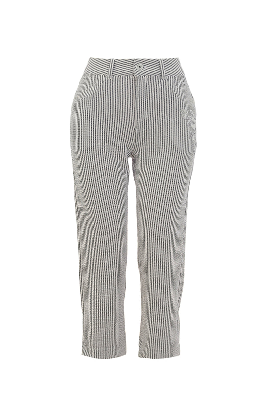 Ticking stripe crop pants on a white background
