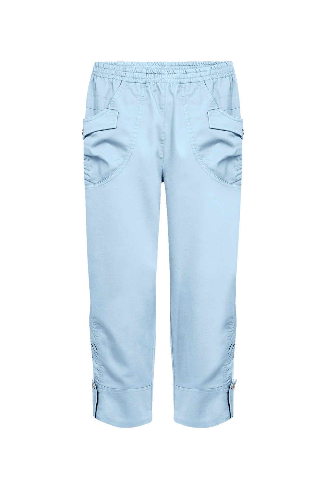 Light blue elastic waist cotton capris pants on a white background