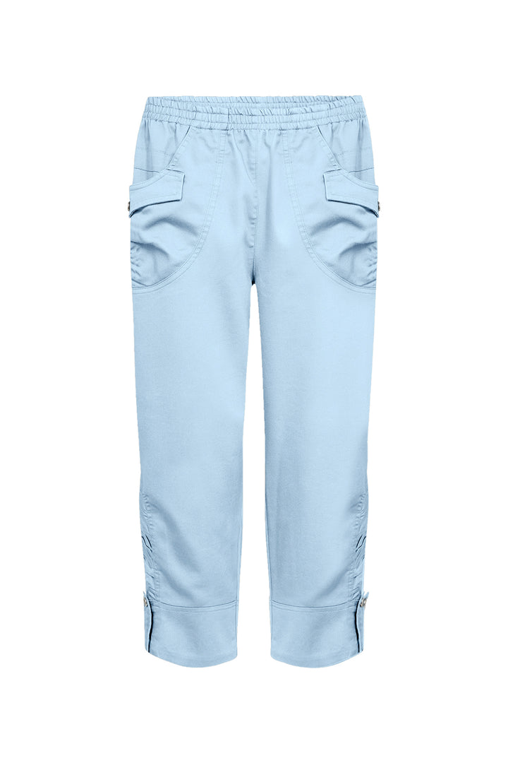 Light blue elastic waist cotton capris pants on a white background
