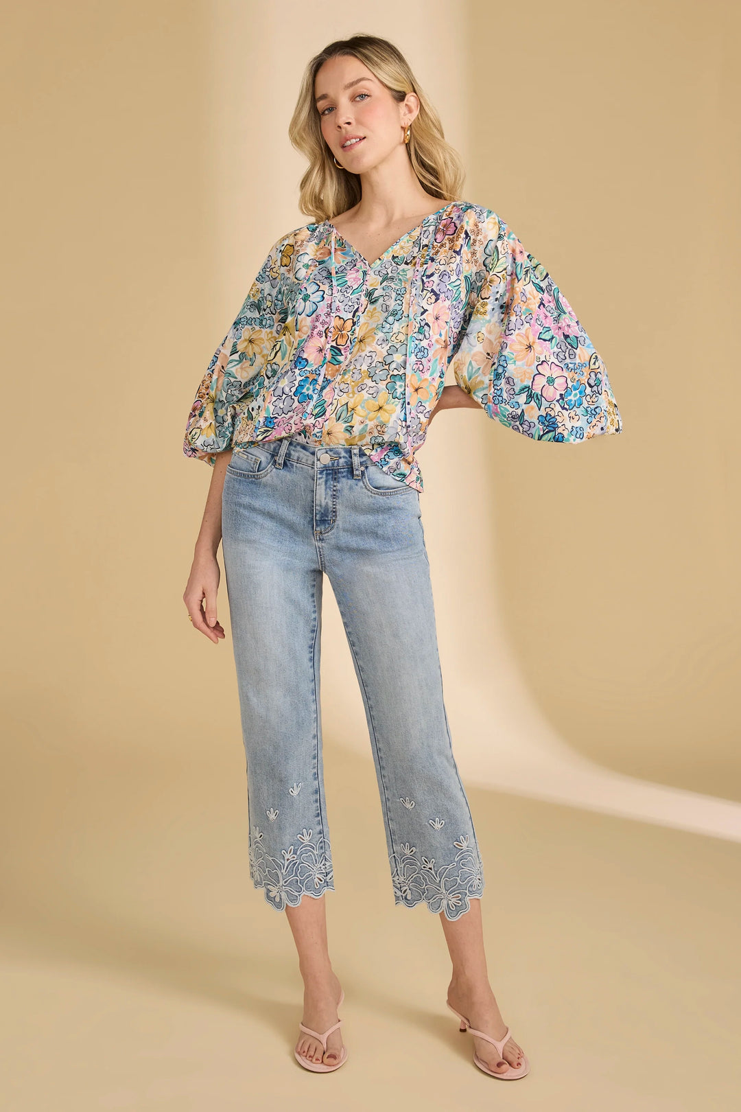 OLIVIA STRAIGHT CROP WITH FLORAL EMBROIDERED HEM