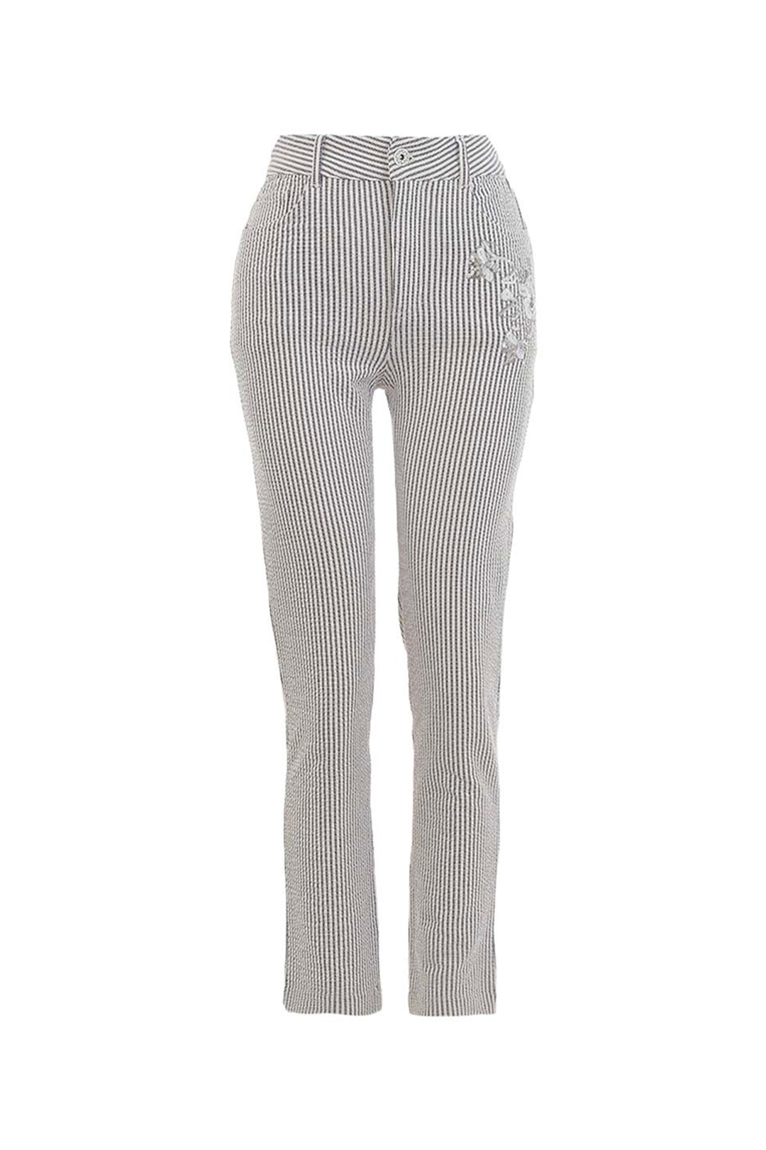 Black and white striped pants on a white background