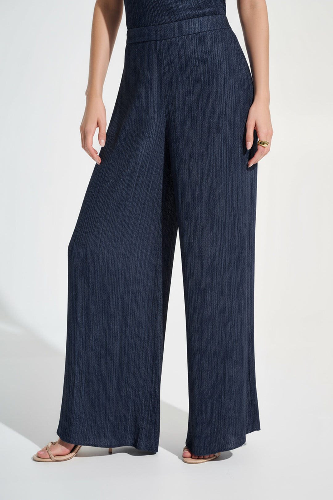 Person wearing navy wide leg pants on a white background