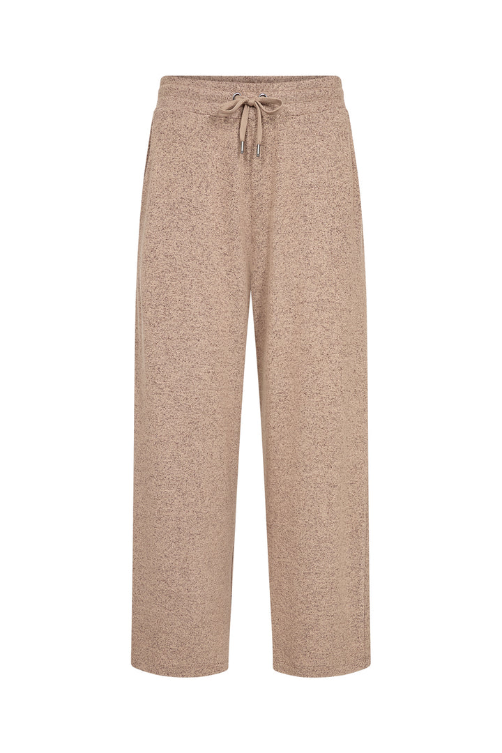 A pair of wide-leg knit pants in a heathered taupe-beige color, featuring an elastic waistband and a matching drawstring, shown against a plain white background.