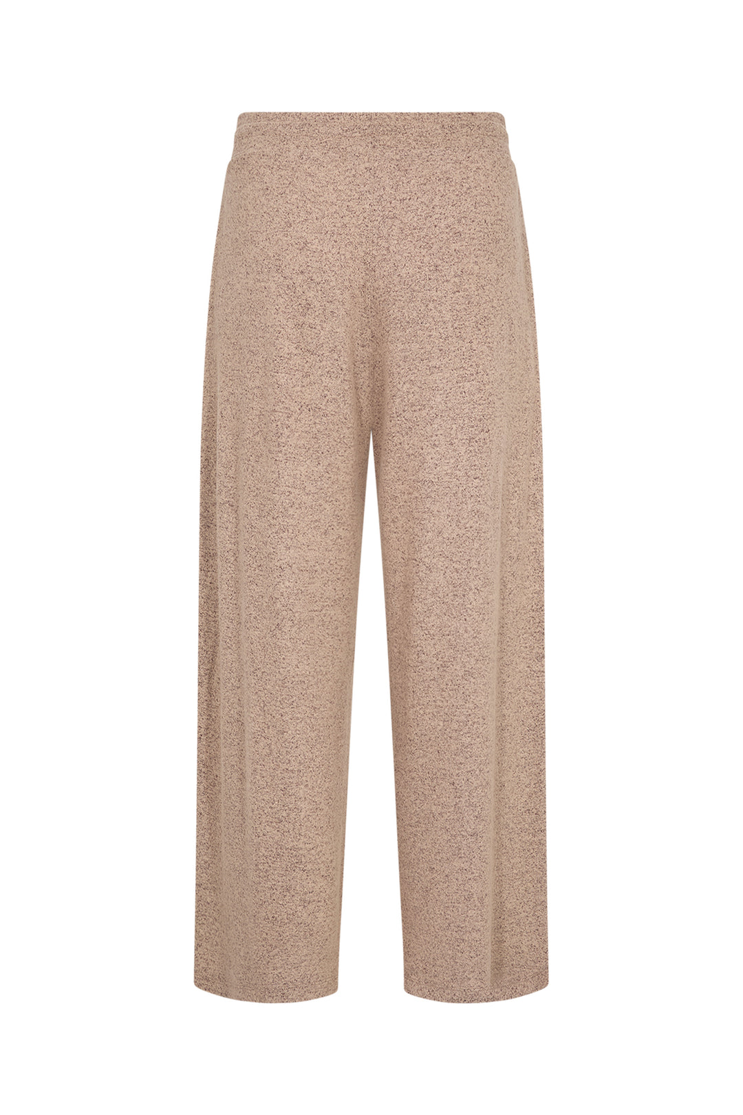 A pair of wide-leg cropped pants in a textured, heathered beige fabric, shown against a plain white background.