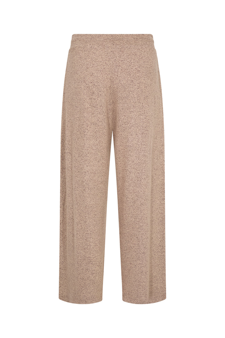 A pair of wide-leg cropped pants in a textured, heathered beige fabric, shown against a plain white background.