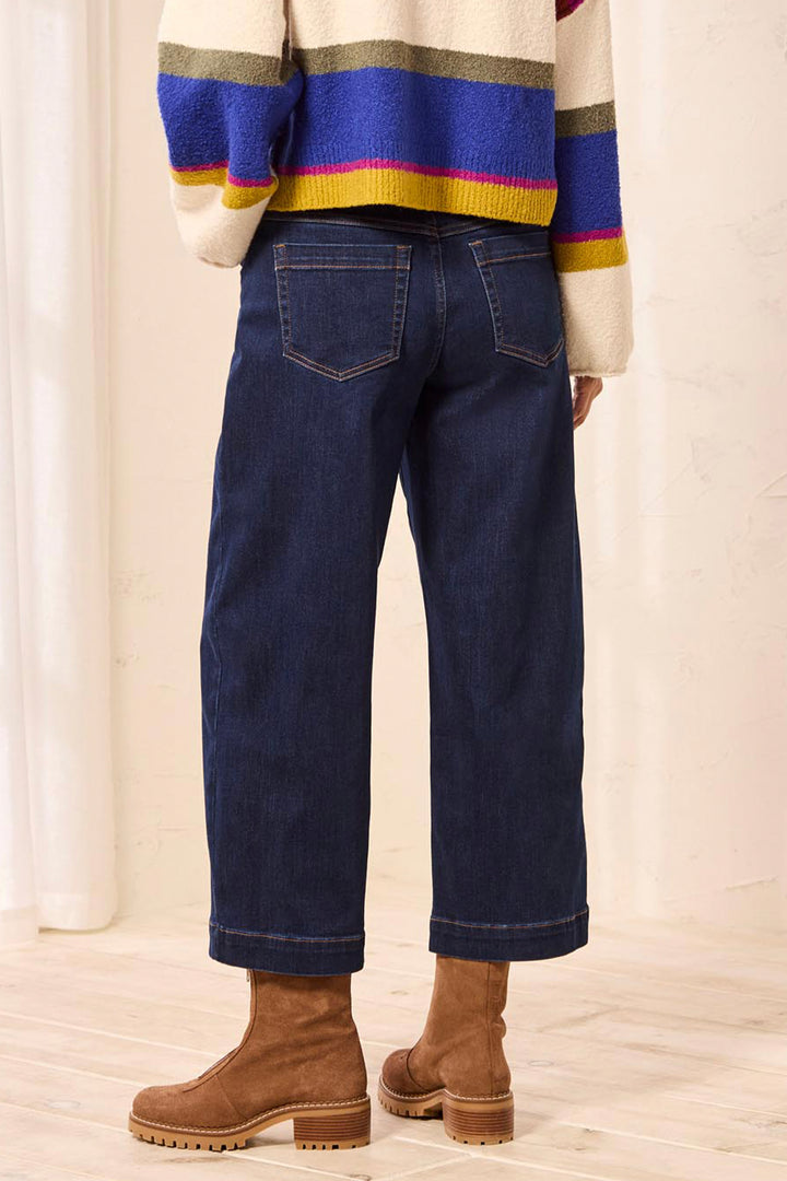 Rear view of a person wearing dark blue wide-leg cropped jeans, a cream and blue striped sweater, and brown ankle boots in a bright indoor setting.