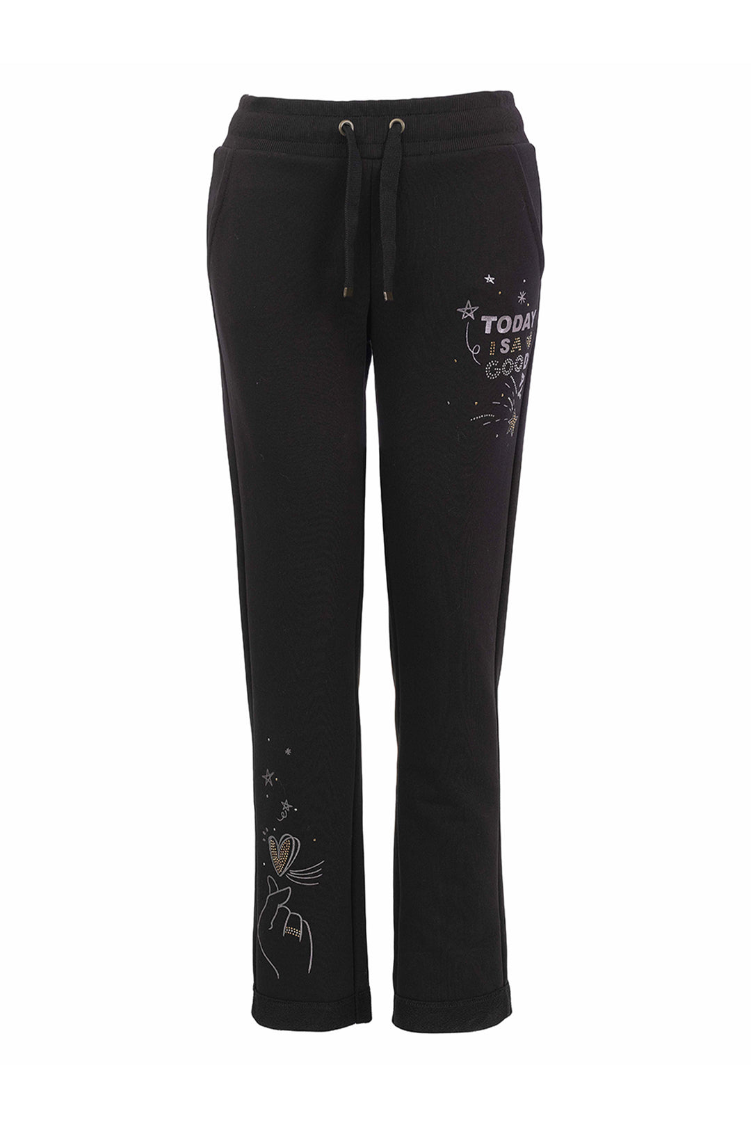 Black sweatpants with a drawstring waist and graphic prints on both legs, including a butterfly and floral design with the text &