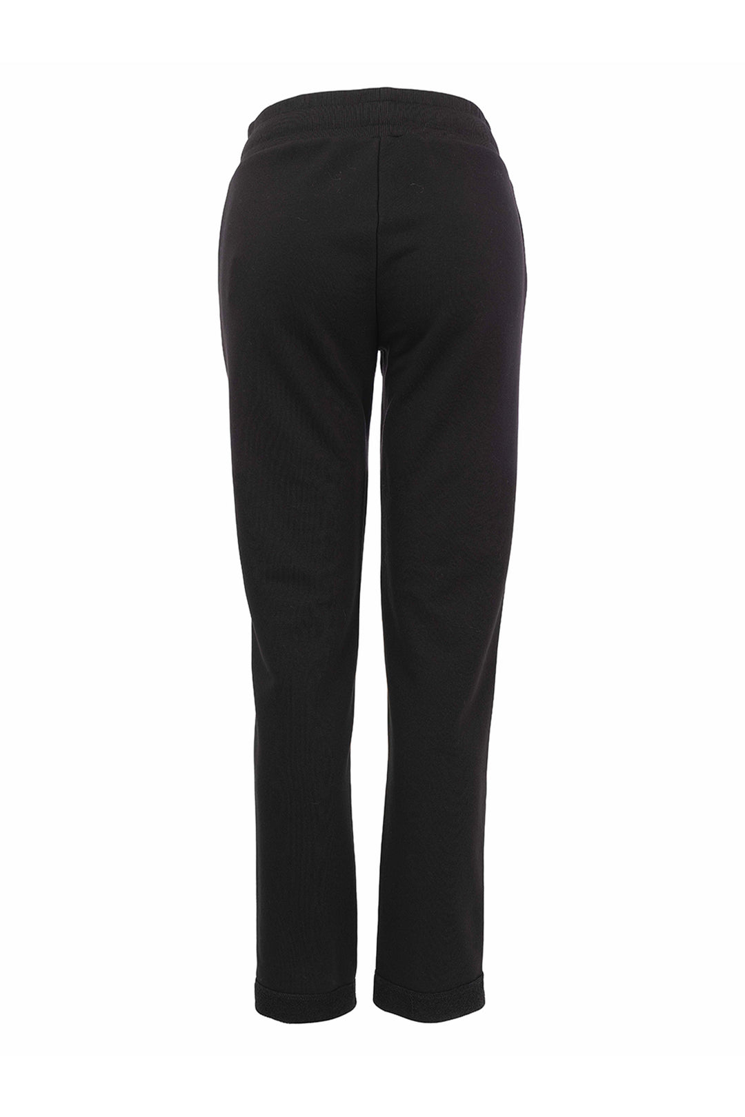 Black straight-leg pants shown from the back, featuring a wide elastic waistband and a clean silhouette, photographed against a solid white background.