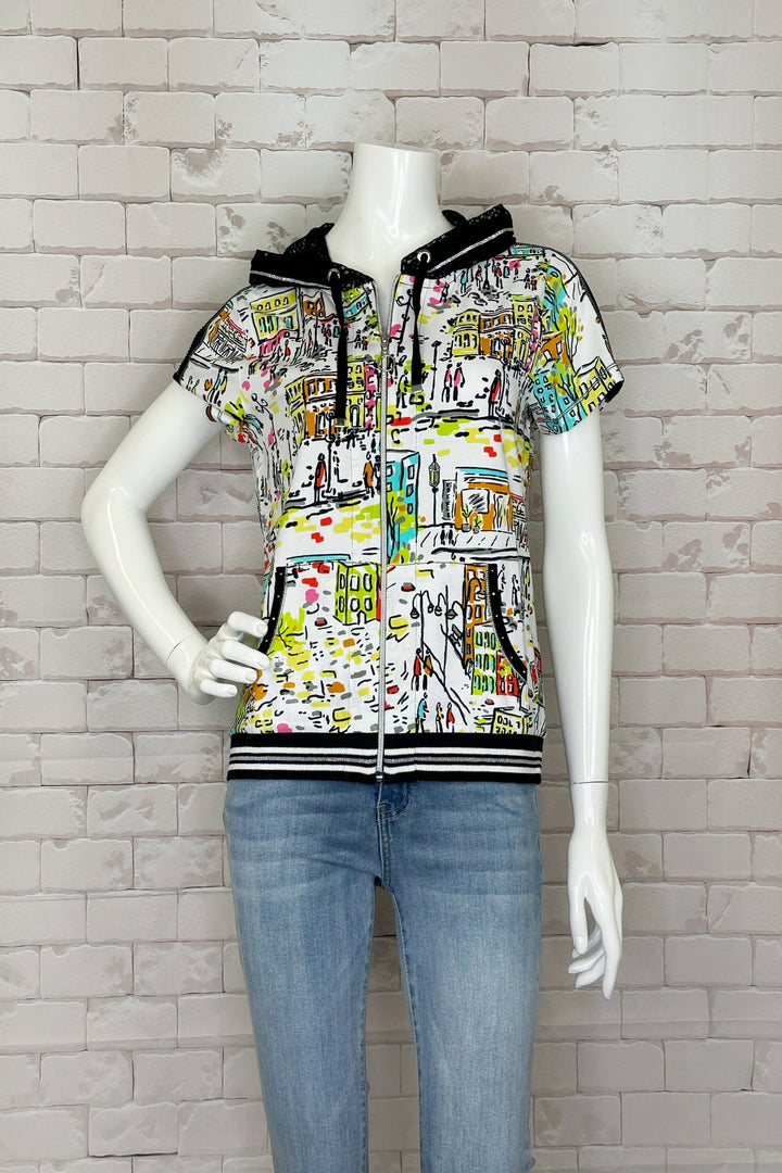 This amazing city art print in this short sleeve hoodie jacket has drawstrings at the hood and a zipper front.