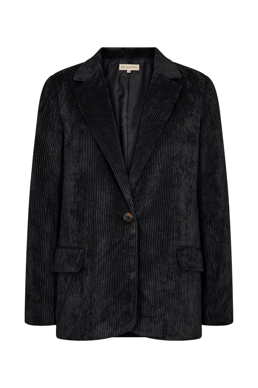 Soya Concept Fall 2024  Featuring a reverse classic collar for a sophisticated touch, this blazer has a luxurious velvet-like finish and a single button for easy closure. Made from soft corduroy for added comfort. 