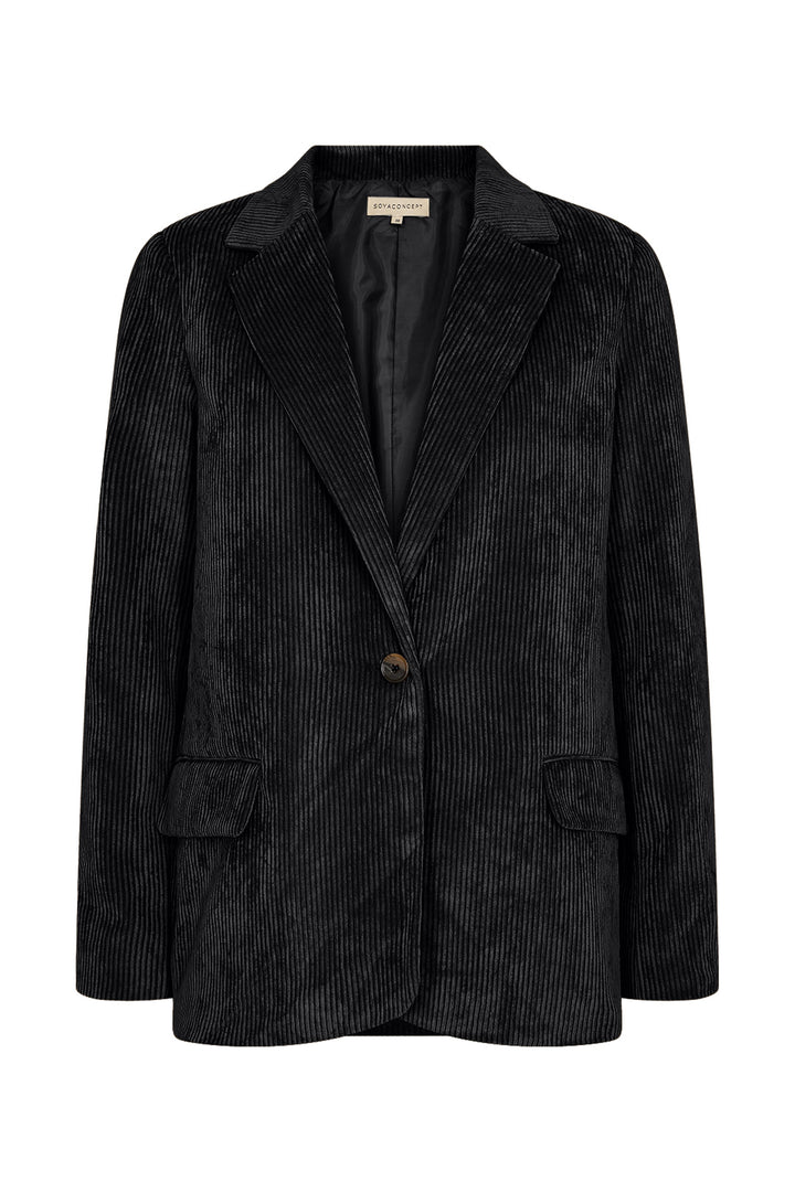 Soya Concept Fall 2024  Featuring a reverse classic collar for a sophisticated touch, this blazer has a luxurious velvet-like finish and a single button for easy closure. Made from soft corduroy for added comfort. 