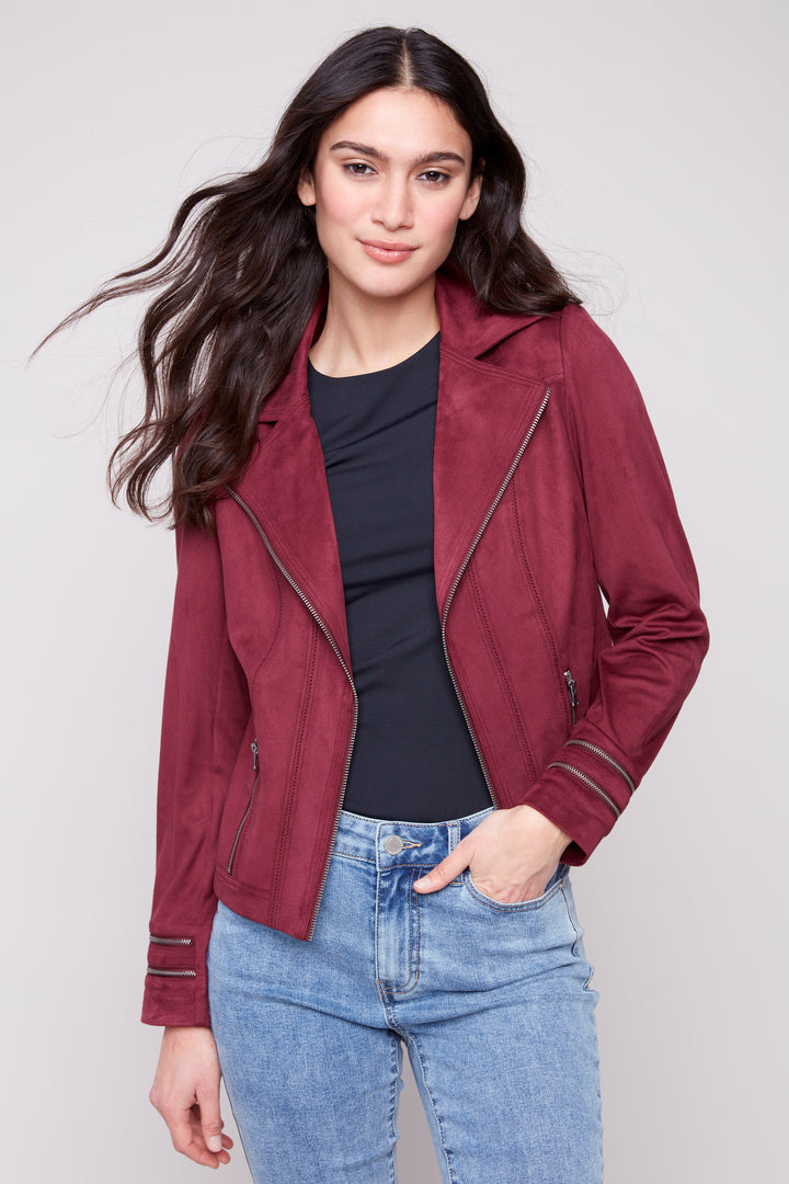 Charlie B Fall 2025 
This vintage faux suede Perfecto jacket with zipper and zipper pockets is stylishly fitted and trimmed to provide a sharp clean look.