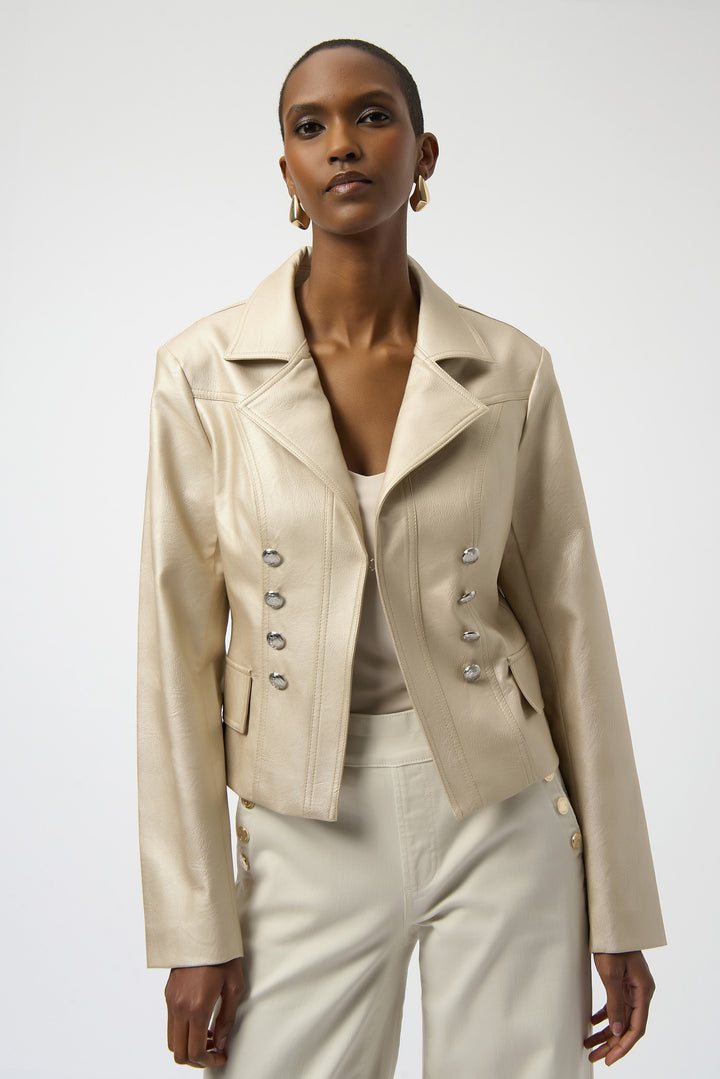 JOSEPH RIBKOFF Fall 2025 
 Crafted from faux croc leather, this moto jacket boasts a tailored notched collar and long sleeves for a sophisticated touch. Complete with front zip pockets, it's the perfect combination of edgy and urban. 