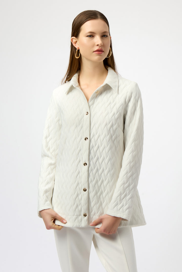 Joseph Ribkoff Fall 2025 
Elevate your wardrobe with the Vanilla Quilted Basketweave Jacket, featuring a refined basketweave pattern that balances elegance with a touch of sophistication. This shirt-style jacket showcases a classic collar and contrast front button closure, adding subtle detail while maintaining timeless appeal. 
