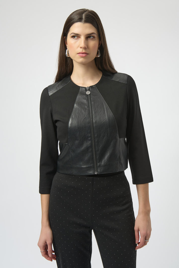 Joseph Ribkoff Fall 2025 
This cropped jacket combines sleek faux leather with a heavy knit texture for a bold, sophisticated look. Its slim fit and 3/4 straight sleeves create a flattering silhouette that pairs effortlessly with tailored or casual outfits.