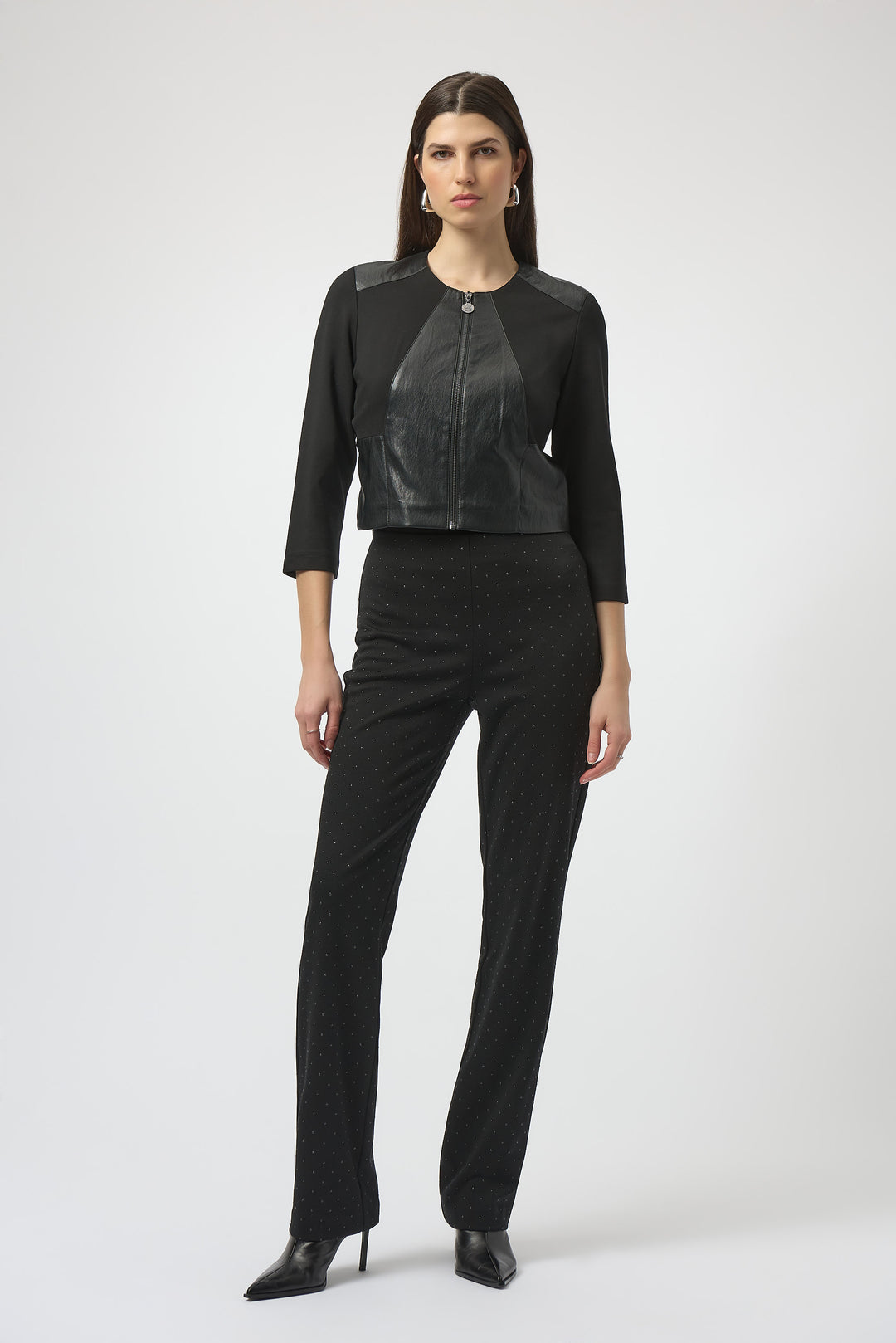 BLACK HEAVY KNIT & PLEATHER ZIP JACKET