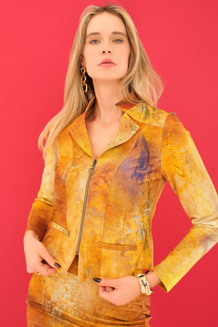 Dolcezza Fall 2025 
Elevate your style with the Mother Earth Zip Jacket, featuring delicate bling embellishments along the lapel collar for a refined touch. Crafted from a soft cotton blend, this jacket offers a smooth, sleek, and lightweight feel, perfect for layering.