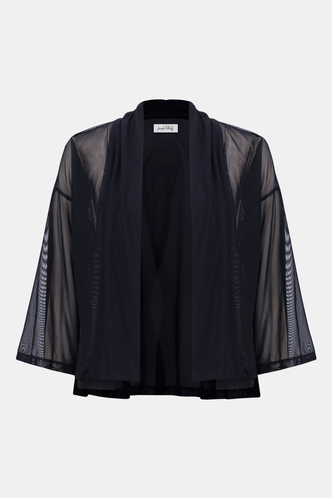 Black kimono-style open mesh cardigan with sheer sleeves on a white background