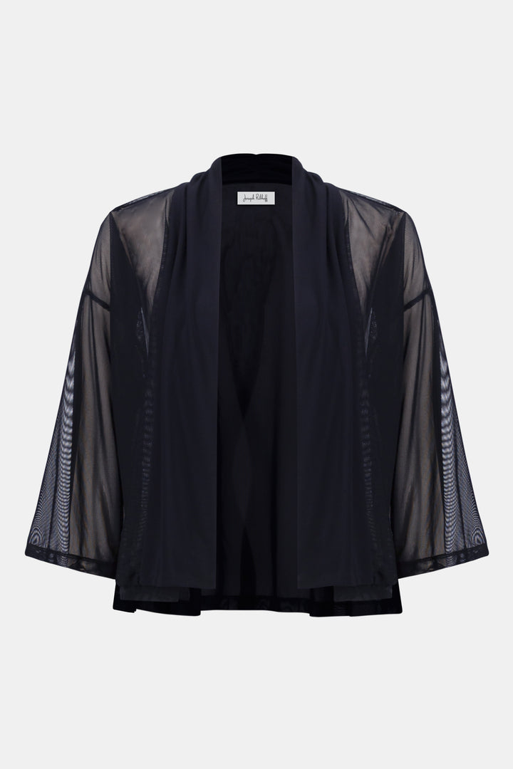 Black kimono-style open mesh cardigan with sheer sleeves on a white background