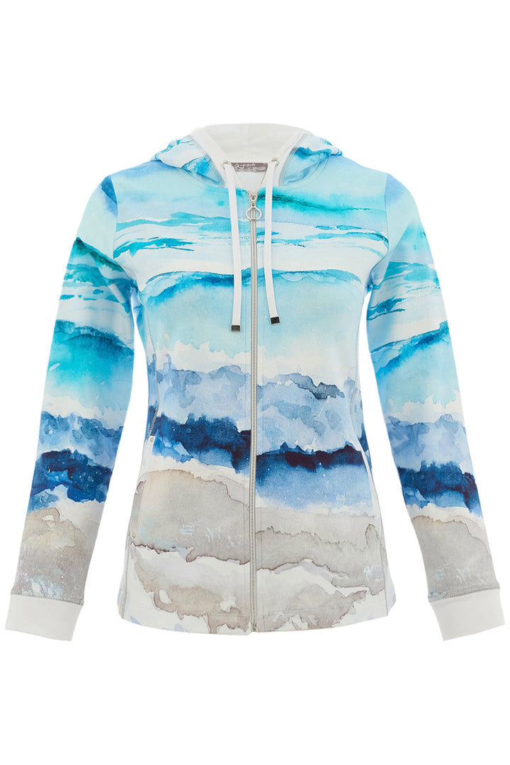 Hoodie with a blue and white abstract pattern on a white background